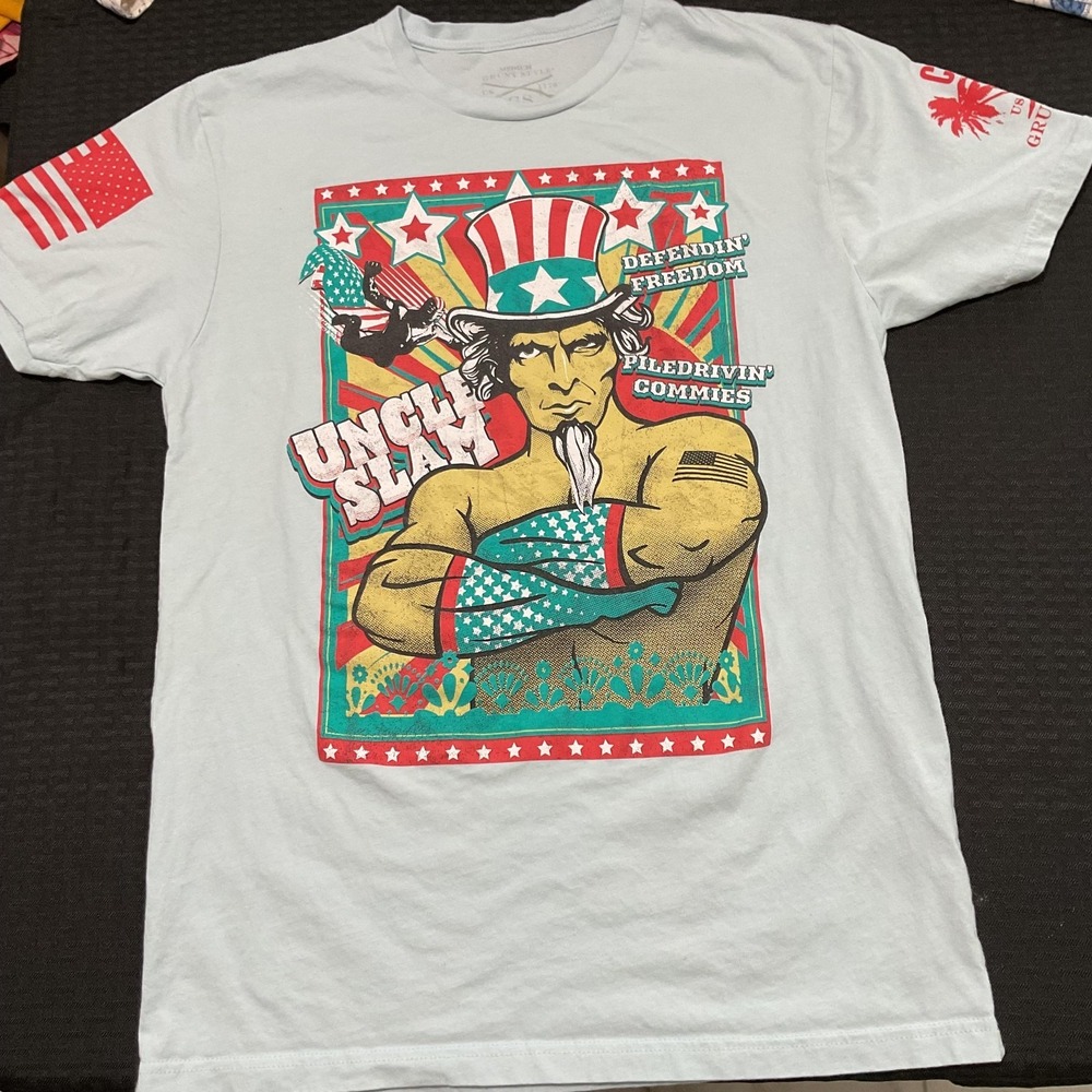 Grunt Style Shirt Mens Medium Blue Uncle Sam Patriotic USA Graphic Tee Tagless